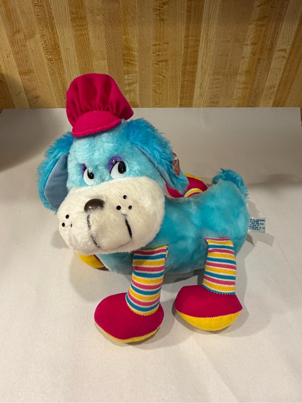 Vintage Dandee Plush Dog- Blue With Pink Hat And Rainbow Legs